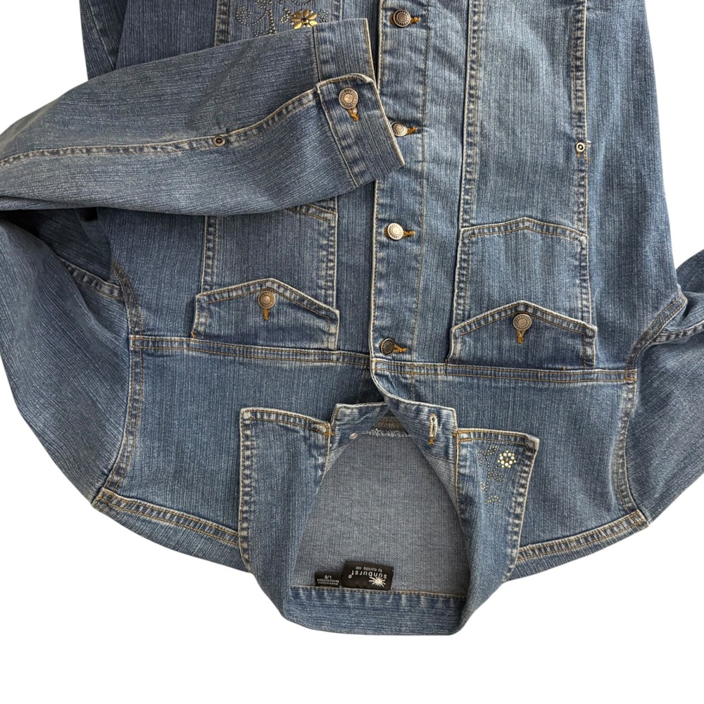 90's Sunburst Denim Jacket Women L Blue Floral Studded Rhinestone Trucker Coat - Picture 15 of 16